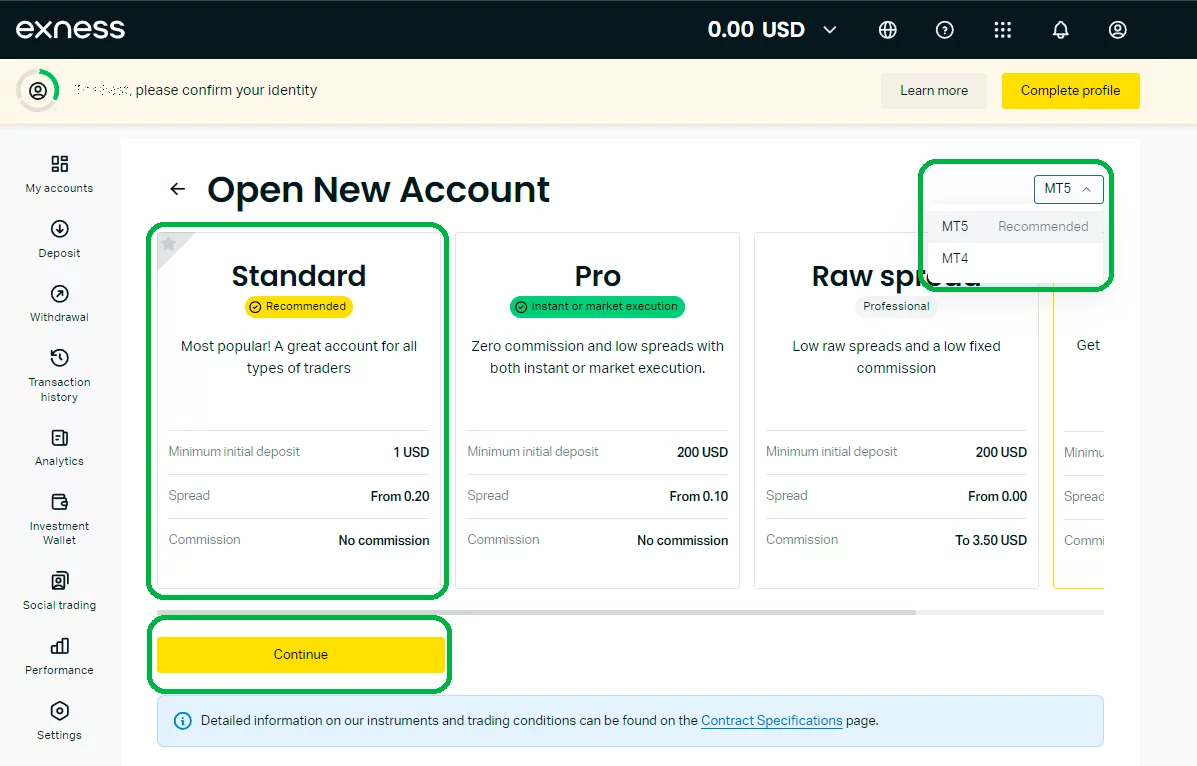 帳戶創建過程，可從多個具有不同條款與條件的帳戶中選擇，並選擇帳戶將運作的終端