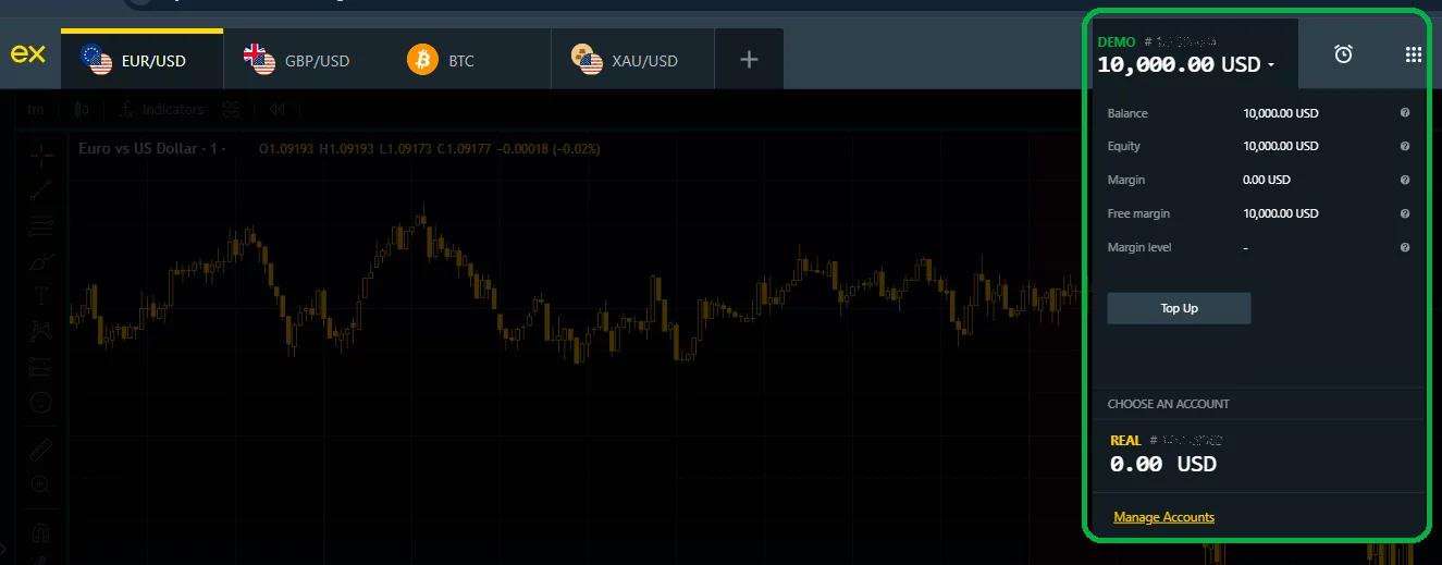 Exness 模擬帳戶資訊，具備指定的帳戶特性與餘額