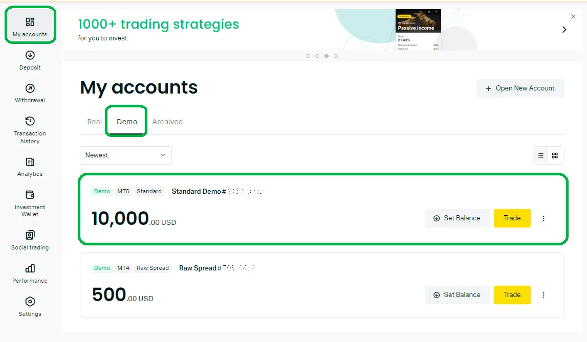 現有示範帳戶的位置：在我的帳戶 - 示範標籤下