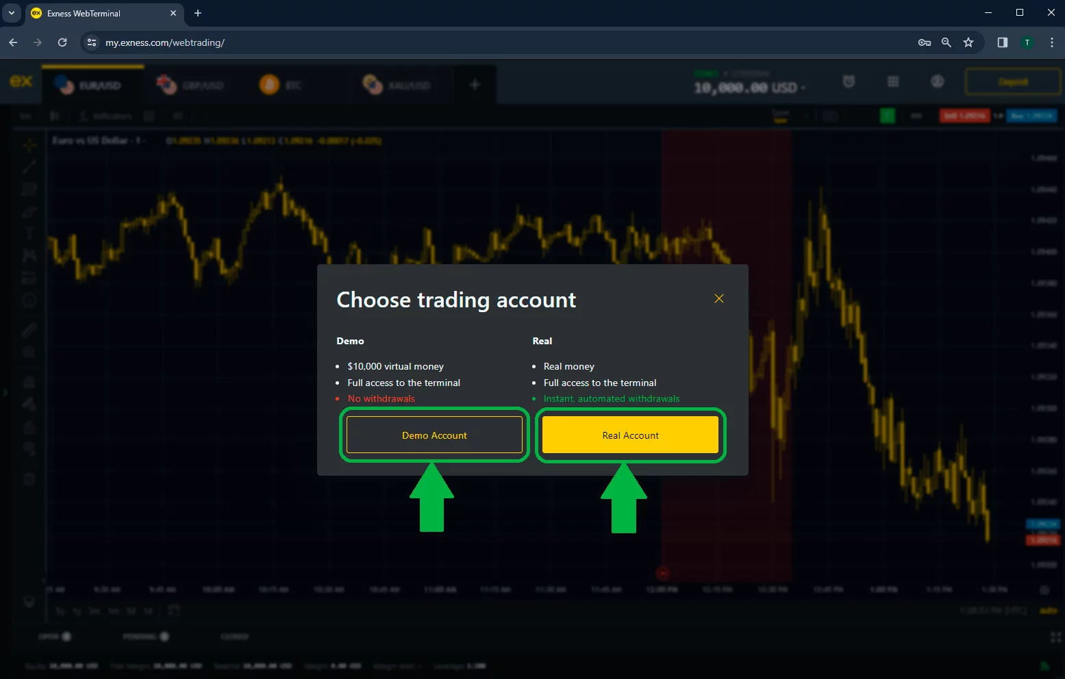 註冊後的視窗，可選擇 Exness 的示範帳戶或實帳戶