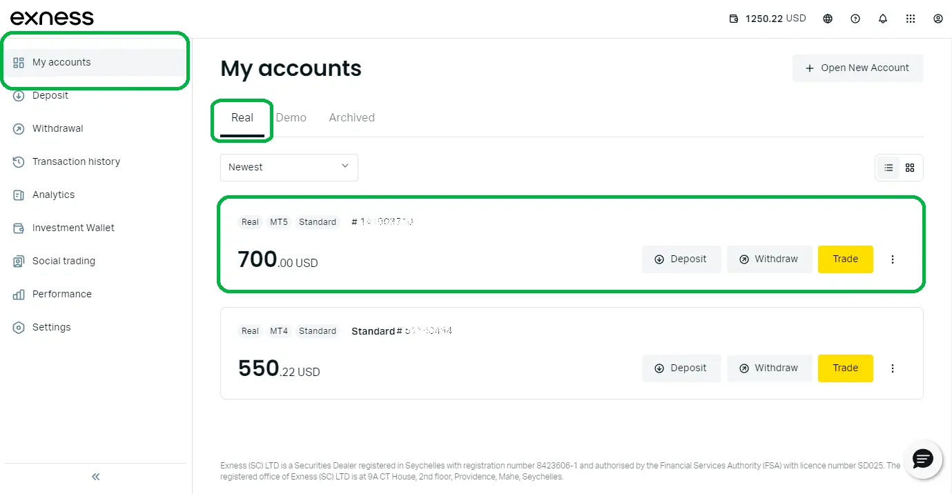 更改 Exness 杠杆的說明 - 第二步，選擇交易帳戶