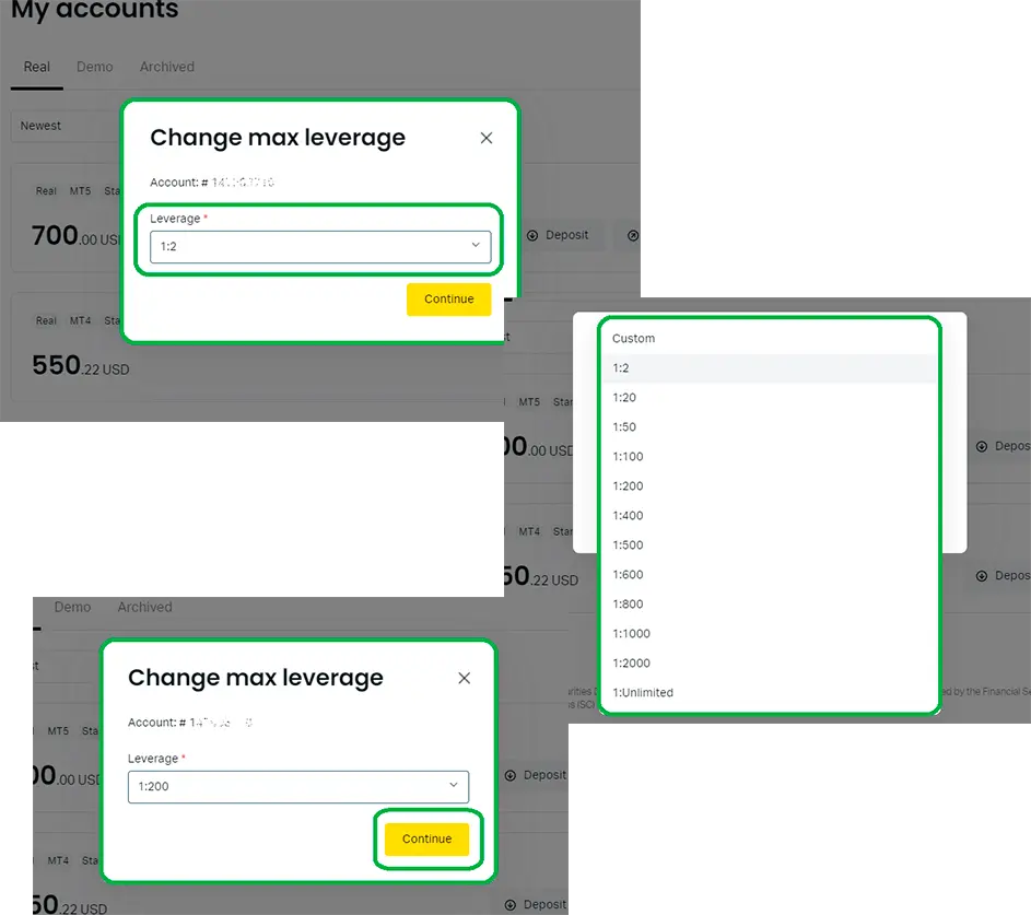 變更 Exness 杠杆的說明 - 第四步，選擇杠杆大小