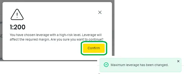 更改 Exness 杠杆說明 - 第五步，風險警告及接受新杠杆金額