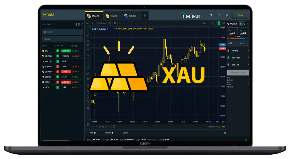 Exness 交易平台在電腦上，帶有黃金標誌，並將黃金標示為 XAU
