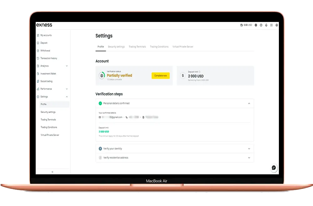 Exness 核实，個人區域帶開放個人資料設置
