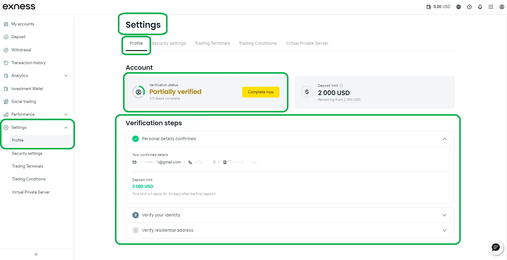 Exness 核實說明，步驟 2 - 設置個人資料進行核實的路徑