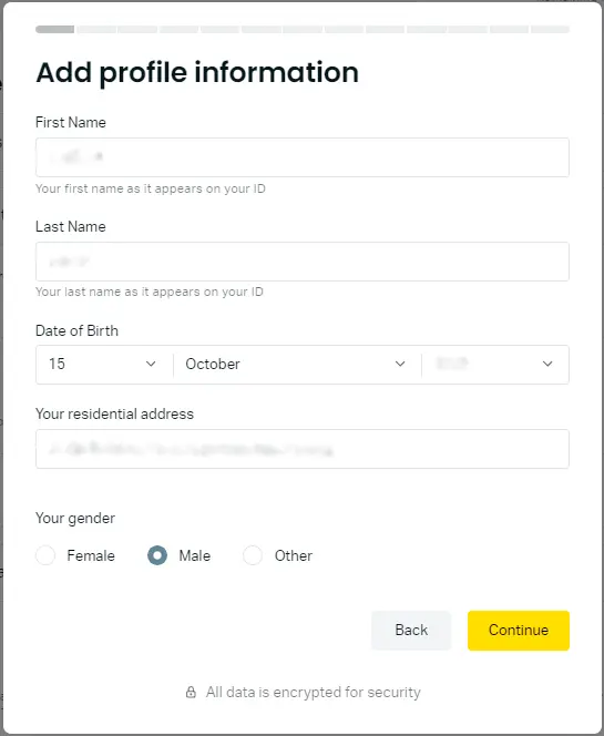 Exness 核实 - 請添加個人資料，姓名、出生日期、居住地址及性別