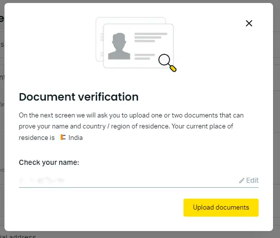核實 Exness - 上傳文件核實的按鈕