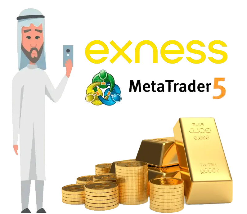 穆斯林手持手機，背景為黃金圖像的 Exness MT5 標誌