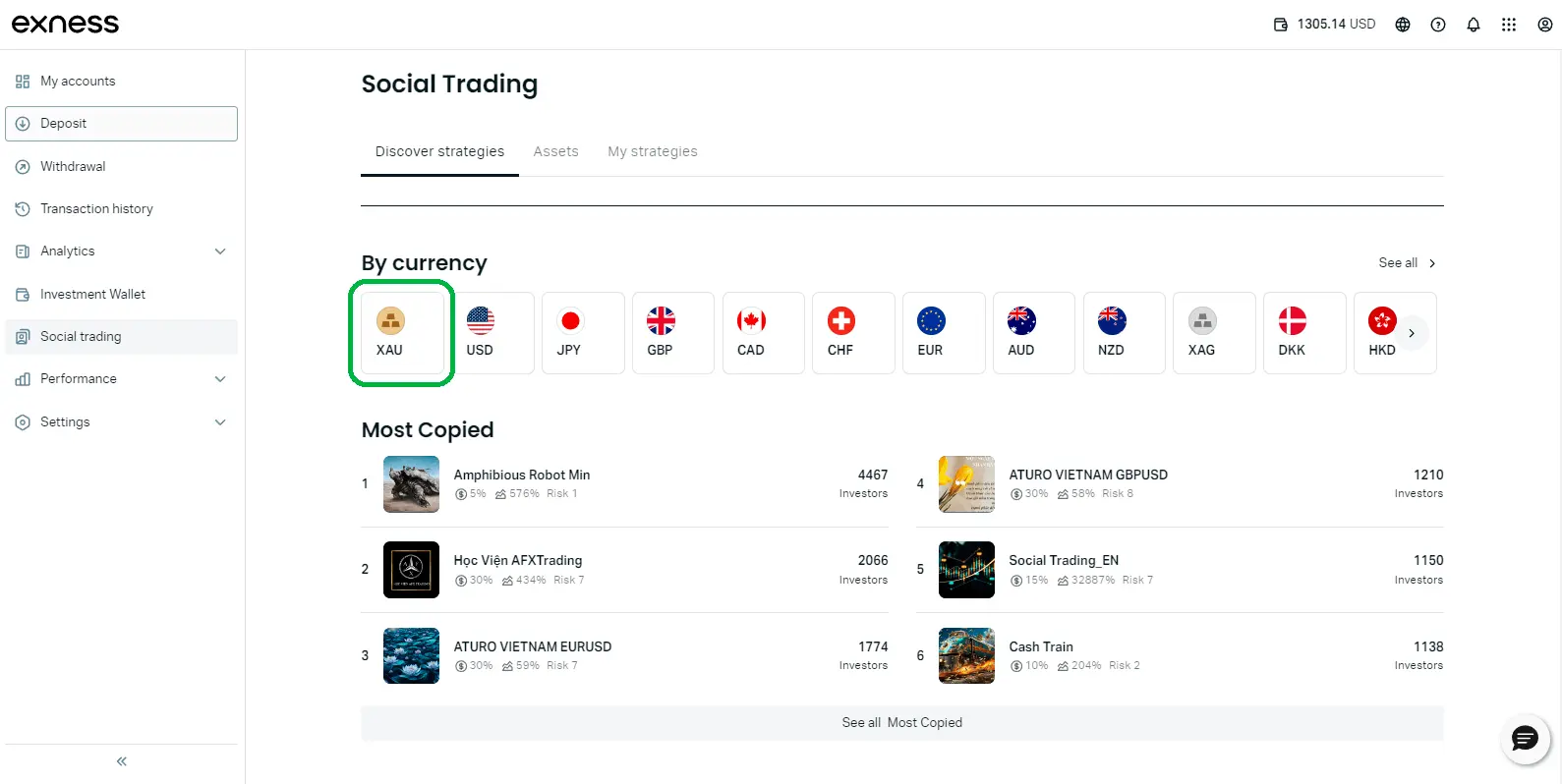 Exness 社群交易，選擇黃金策略的說明，選擇資產「XAU」