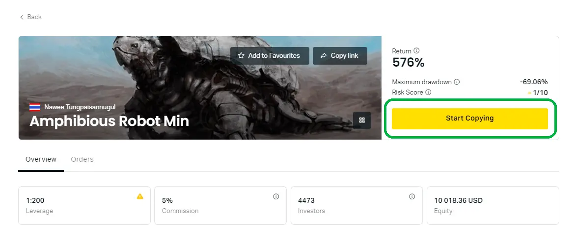 社交交易 Exness，選擇黃金策略的說明 - 若條件正確，請點擊開始複製按鈕