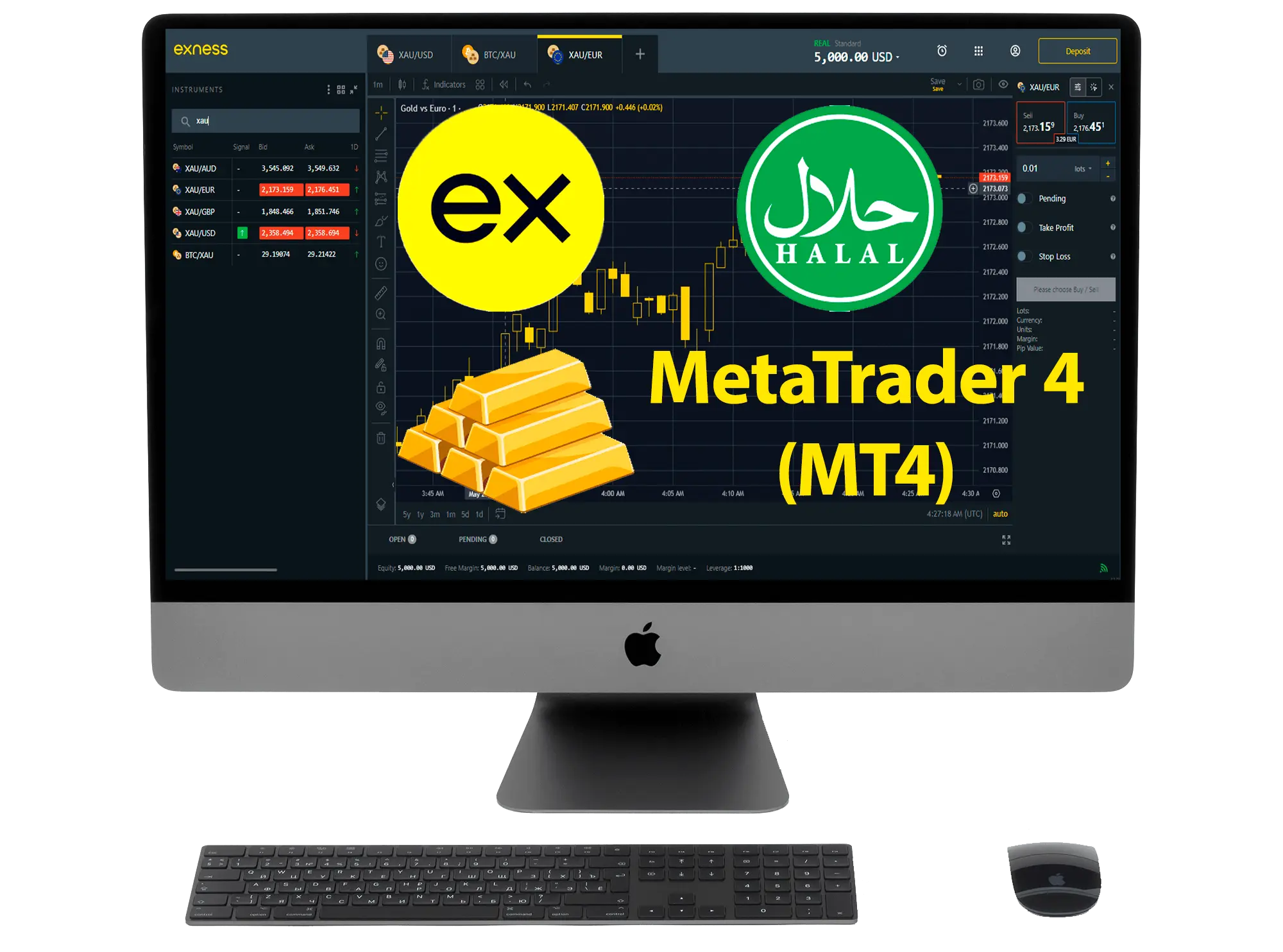 一顆蘋果電腦和一個帶有 EX 和清真標誌的 Exness 平台，以及黃金和 MetaTrader 4
