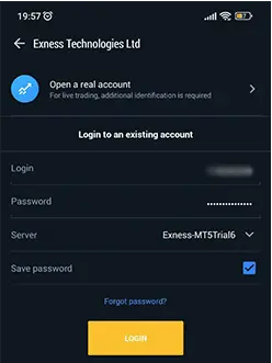 Exness 登入至移動端 MetaTrader 5
