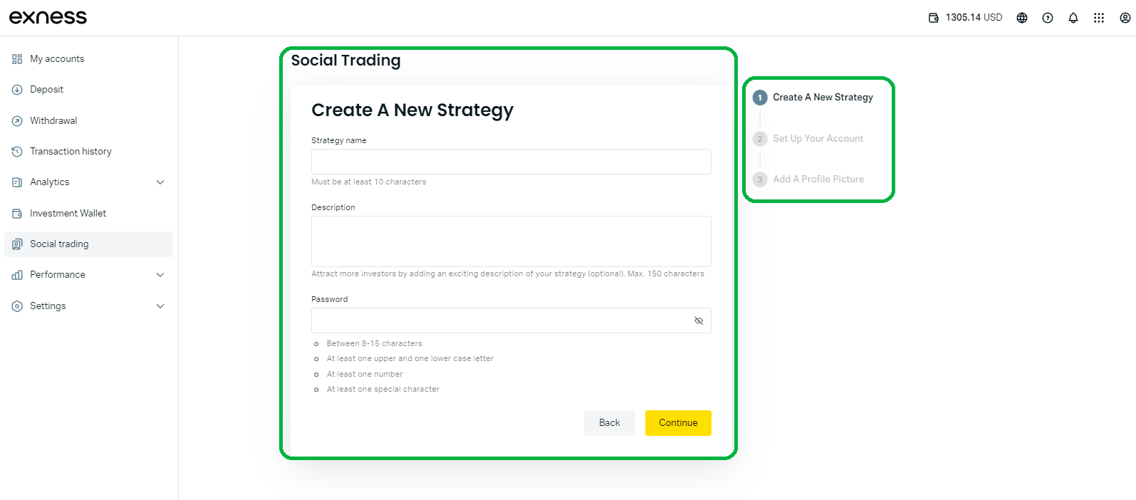 社交交易 Exness 上傳您的交易策略以複製 - 與您的策略相關的資訊完成三個步驟